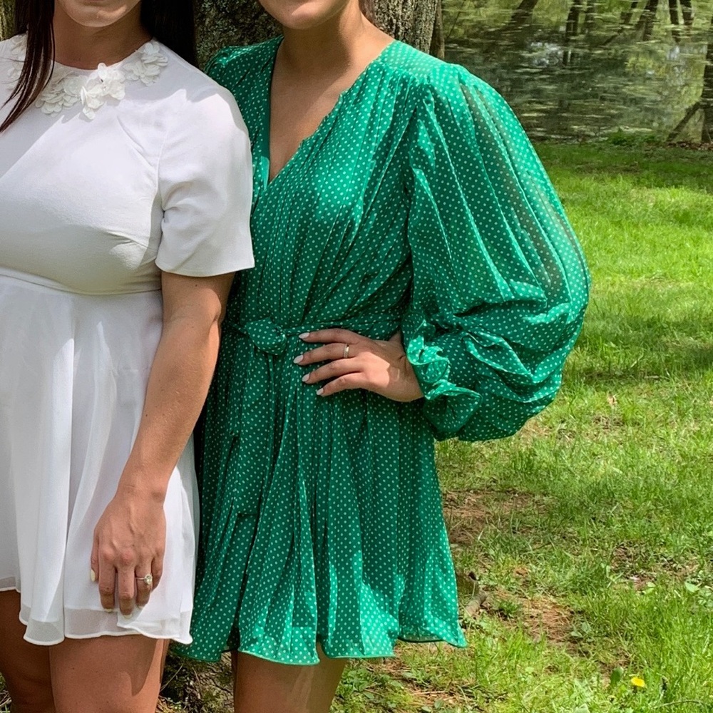 Green polka dot romper with tie belt